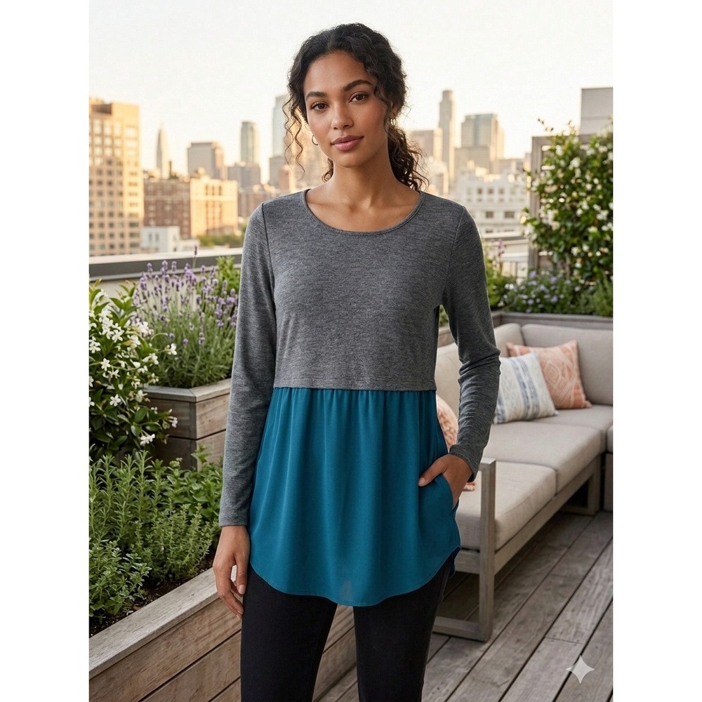 THML Anthropologie Colorblock Mixed Media Tunic Top Teal Taupe Long Sleeve Small